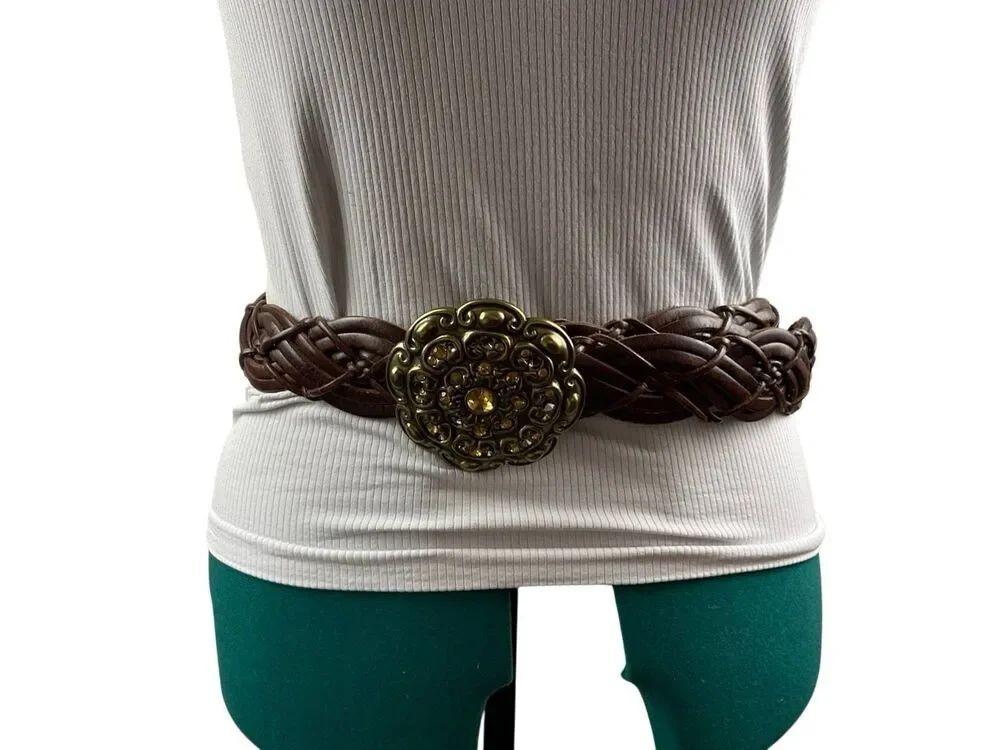 Brown woven belt with green and gold crystal buckle- size L